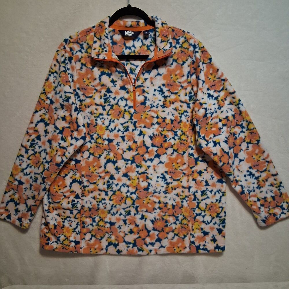 Lands End 1X Sweatshirt 1/4 Zip Fleece Orange Floral Long Sleeve Cozy Outdoors